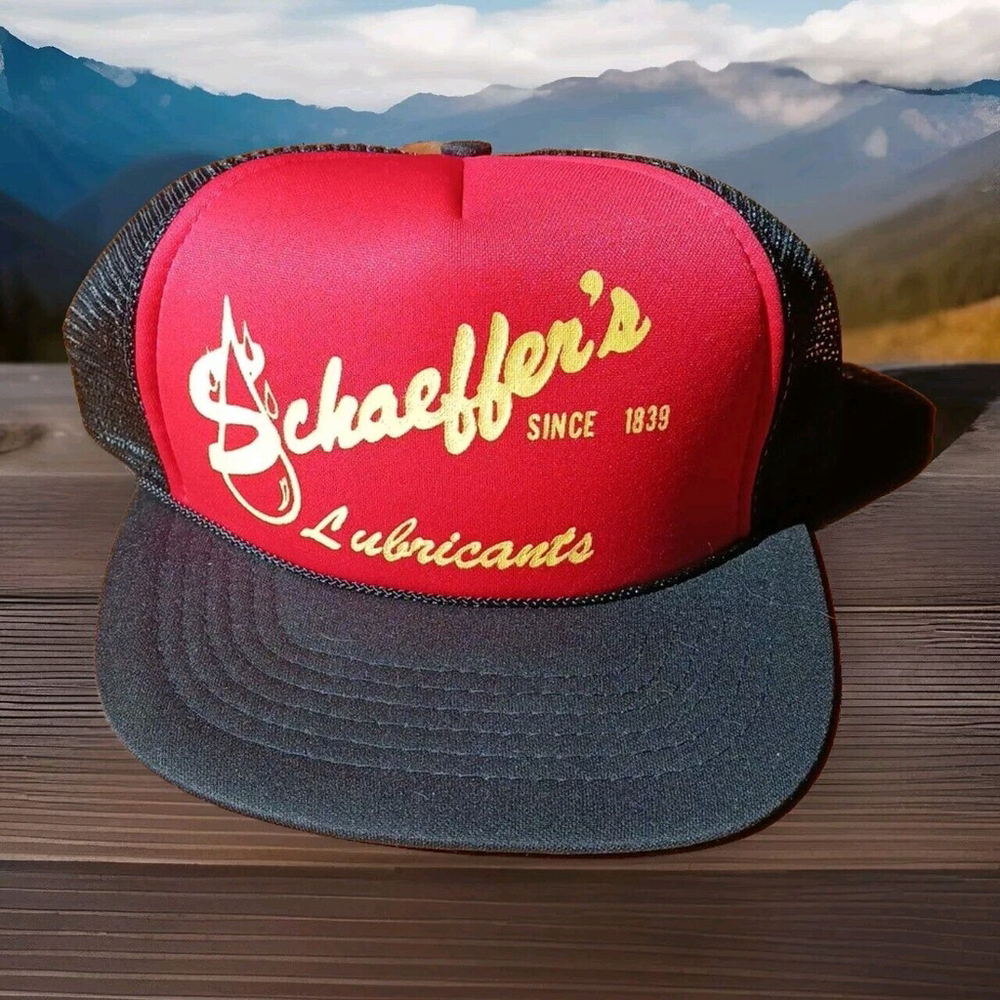 Vintage Schaeffer's Lubricants Trucker Hat Black Red Mesh Snapback M L